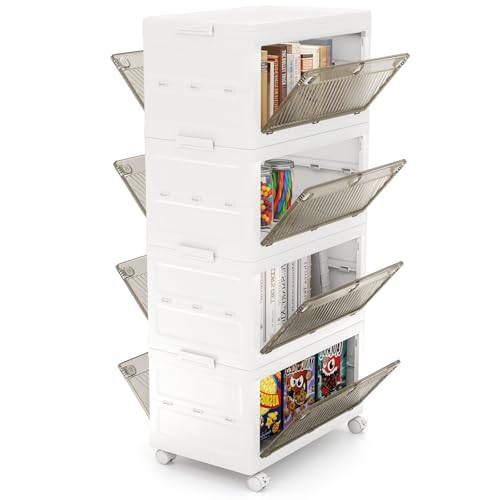 COSTWAY 168 L Aufbewahrungsbox mit Deckel, 4er Set Stapelboxen faltbar, Aufbewahrungsbehälter mit Zweiweg-Türen & Rollen, Boxen Aufbewahrung Kunststoffbox, Weiß (168 L) von COSTWAY