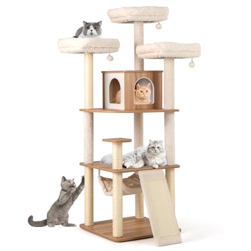 COSTWAY 168cm Kratzbaum Holz, mehrstöckiger Katzenkratzbaum Groß, Katzen Katzenbaum mit Höhle, Leiter, Matten, Bällen & Hängematte, Aktivitätsbaum Katzenmöbel Spielhaus Kletterbaum, Beige+Natur COSTWAY 168cm Kratzbaum Holz, mehrstöckiger Katzenkratzbaum Groß, Katzen Katzenbaum mit Höhle, Leiter, Matten, Bällen & Hängematte, Aktivitätsbaum Katzenmöbel Spielhaus Kletterbaum, Beige+Natur von COSTWAY