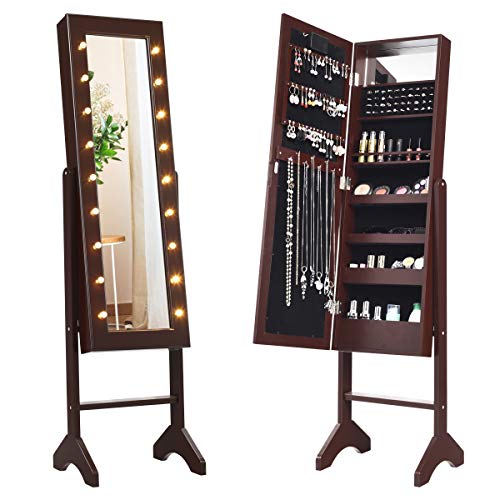 COSTWAY 18 LED-Schmuckschrank neigungsverstellbar, Schmuckregal mit Ganzkörperspiegel und kleinem Schminkspiegel, Schmuck Spiegelschrank für Makeup (Braun) von COSTWAY