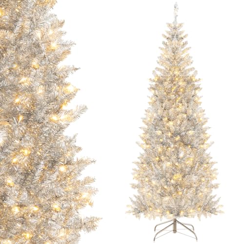 COSTWAY 180 cm Bleistift Weihnachtsbaum Lametta, künstlicher Tannenbaum mit warmweißen LED-Leuchten & Metallständer, schlanker Christbaum PVC, Kunstbaum Weihnachten Büro Zuhause Geschäfte, Silber von COSTWAY