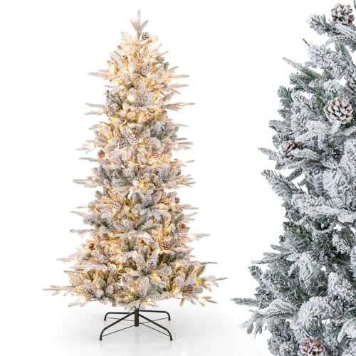 COSTWAY 180 cm Künstlicher Weihnachtsbaum mit Beleuchtung, 210 LEDs in Warmweiß, Tannenbaum mit Metallständer & 36 Tannenzapfen, Weihnachten Christbaum Kunstbaum schneebedeckt, Grün von COSTWAY