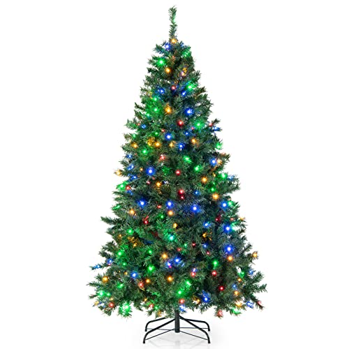 COSTWAY 180cm/210cm Künstlicher Weihnachtsbaum, Beleuchteter Tannenbaum mit farbigen LEDs & Metallständer, Klappbarer Kunstbaum Beleuchtung, Christbaum für Weihnachten Büro Zuhause, PVC, Grün (210 cm) von COSTWAY