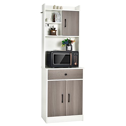 COSTWAY Küchenschrank, Buffetschrank mit Schublade, verstellbare Einlegeböden und Kabelloch, Hochschrank Küche Holz, großes offenes Raum für Mikrowelle, freistehend, 60 x 40 x 180cm (weiß) von COSTWAY