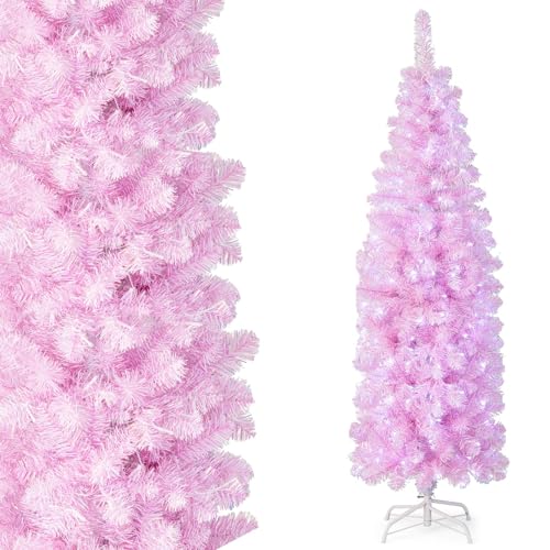 COSTWAY 180cm Künstlicher Weihnachtsbaum Bleistift, LED beleuchteter Tannenbaum mit 250 kaltweißen LEDs, schlanker Christbaum Weihnachten, Kunstbaum mit Metallständer, Rosa von COSTWAY