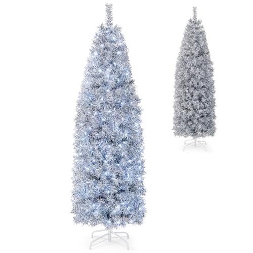COSTWAY 180cm Künstlicher Weihnachtsbaum Bleistift, LED beleuchteter Tannenbaum mit 250 kaltweißen LEDs, schlanker Christbaum Weihnachten, Kunstbaum mit Metallständer, Weiß+Schwarz von COSTWAY