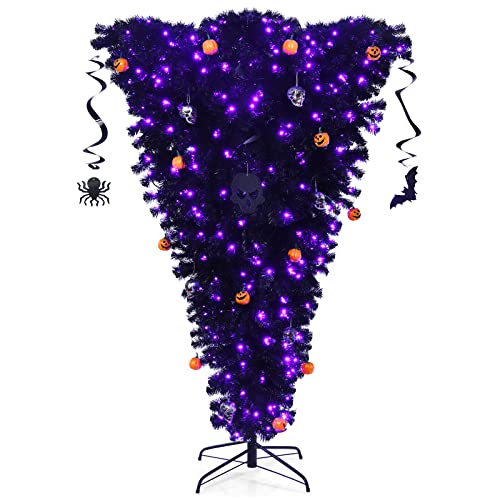 COSTWAY 180cm LED Weihnachtsbaum mit 270 lila Leuchten, Künstlicher Tannenbaum Kopfüber, Dekobaum für Halloween und Weihnachten, Kunstbaum mit Dekorationen, Klappsystem und Metallständer, schwarz von COSTWAY
