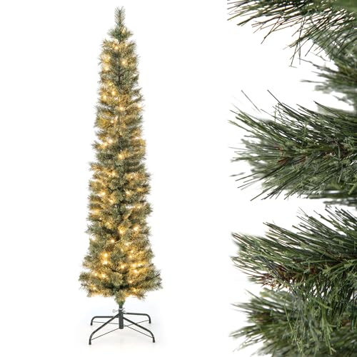 COSTWAY 180cm künstlicher Weihnachtsbaum Bleistift, Tannenbaum mit Beleuchtung, LEDs in Warmweiß, schlanker Christbaum für Weihnachten, Kunstbaum mit Metallständer, Grün von COSTWAY
