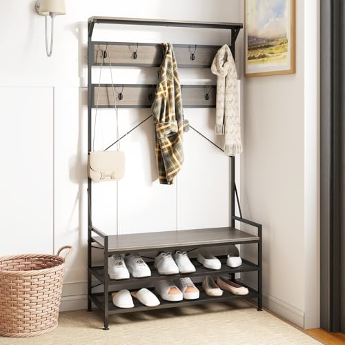 COSTWAY 184 cm Garderobenständer mit Schuhablage, Schuhregal mit Garderobe, Kleiderständer mit Sitzbank, inkl. 11 Haken, für Flur, Wohnzimmer, Schlafzimmer, Metallrahmen (Grau) von COSTWAY
