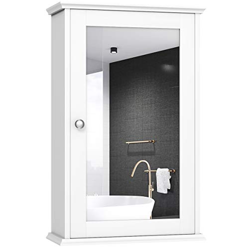 COSTWAY Spiegelschrank Bad, 2-stöckiger Hängeschrank mit Spiegel, Wandschrank Badezimmerspiegel aus Holz mit 3-stufig Verstellbarer Ablage & Tür, 34 x 15 x 53cm (Weiß) von COSTWAY