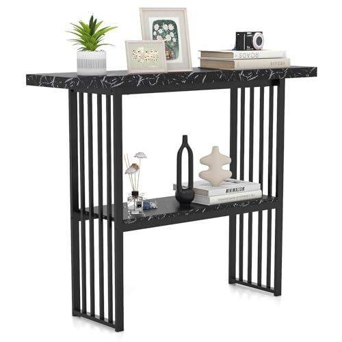 COSTWAY 2 Ebenen Konsolentisch schmal, Beistelltisch Marmor Optik, Flurtisch mit Metallrahmen, 120 x 29,5 x 92,5 cm, ideal für Flur und Wohnzimmer, modern (schwarz) von COSTWAY