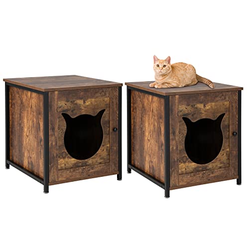 COSTWAY 2 Pack Katzenschrank, Katzenklo Schrank, Katzentoilette mit Tür & Eingang, Katzenhaus Beistelltisch Holz, Katzenhöhle für kleine und mittlere Katzen, vintagebraun, 50 x 53 x 55 cm von COSTWAY