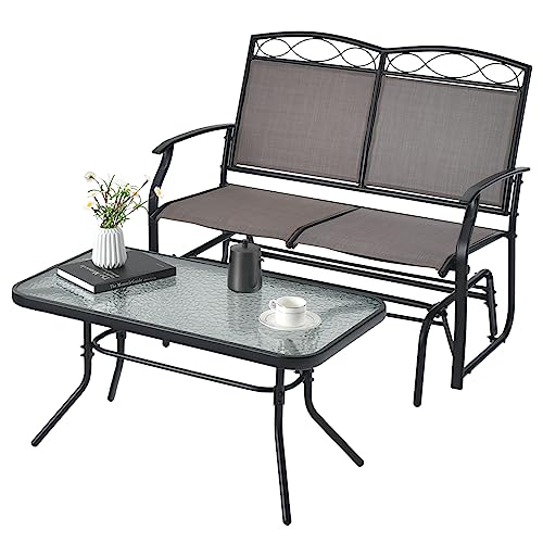 COSTWAY 2-Sitzer Schaukelbank mit Couchtisch, Gartenbank aus Textilene, Sitzbank, Balkonmöbel-Set, Gartenmöbel, Gartengarnitur, Balkonset, Sitzgruppe für Garten, Balkon, Hof von COSTWAY