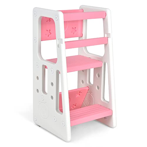 COSTWAY 2 Stufen Lernturm mit 3 einstellbaren Höhen, Lerntower mit Schutzgeländer, Lernstuhl Küchenhelfer für Kinder von 18-60 Monaten (Rosa) von COSTWAY