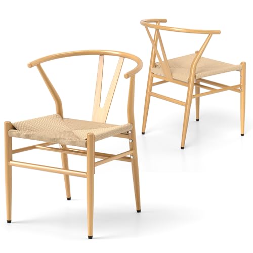 COSTWAY 2 er Set Esszimmerstühle, Küchenstühle mit Y-förmiger Rückenlehne & geflochtenes Rattan-Sitzkissen, Akzentstühle stapelbar 150 kg Belastbar, Freizeitsühle für Esszimmer Küche Büro (Natur) von COSTWAY