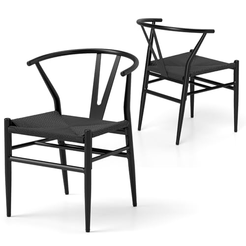COSTWAY 2 er Set Esszimmerstühle, Küchenstühle mit Y-förmiger Rückenlehne & geflochtenes Rattan-Sitzkissen, Akzentstühle stapelbar 150 kg Belastbar, Freizeitsühle für Esszimmer Küche Büro (Schwarz) von COSTWAY
