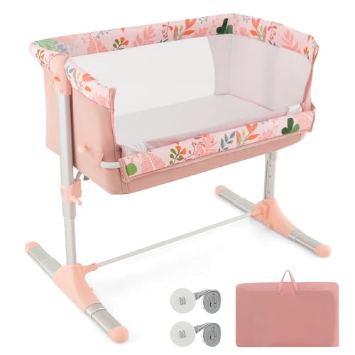 COSTWAY 2 in 1 Beistellbett & Babybett, Kinderbett breit-, neigungs- und höhenverstellbar, Reisebett inkl. Matratze und Tragetasche, Stubenbett bis 20kg belastbar, 96 x 70 x 84cm (Rosa) von COSTWAY