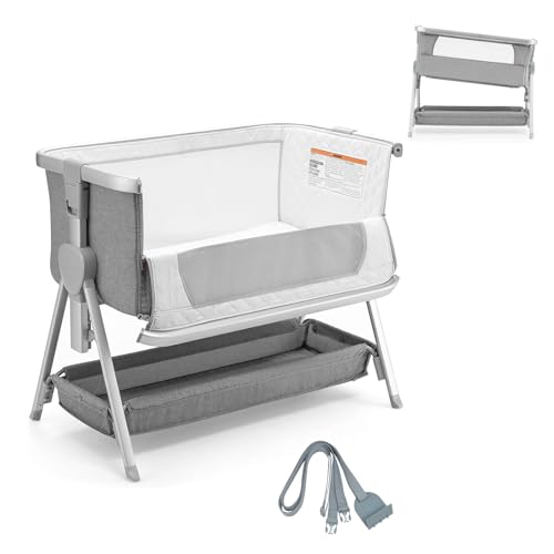 COSTWAY 2 in 1 Beistellbett & Reisebett klappbar, Babybett mit 7-Fach Verstellbarer Höhe, tragbares Babybett mit Sicherheitsgurt, Netzfenster, Matratze, Bodenkorb & Rädern (Hellgrau) von COSTWAY