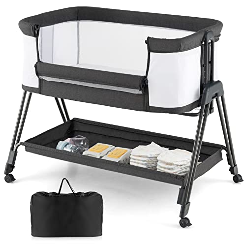 COSTWAY 2 in 1 Beistellbett & Stubenwagen klappbar, tragbare Babybett mit 7 verstellbaren Höhen & Matratze & Tragetasche & Gurte, verstellbare Reisebett für Neugeborene bis 6 Monate (Dunkelgrau) von COSTWAY