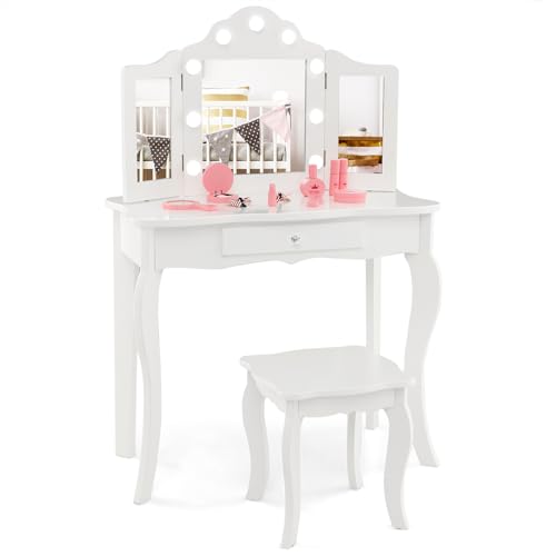 COSTWAY 2 in 1 Kinder Schminktisch, Frisiertisch mit LED-Leuchten, klappbarem Spiegel & Schubladen, Kosmetiktisch Prinzessin für Kinder Mädchen(Weiß) von COSTWAY