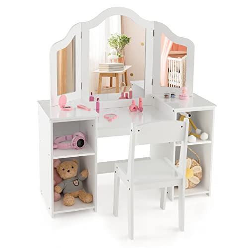 COSTWAY 2 in 1 Kinder Schminktisch-Set, Schreibtisch mit Stuhl & abnehmbarem Spiegel, Frisiertisch Mädchen mit offenen Fächern, Frisierkommode Holz, Schminkkommode (Mit Stuhl, Weiß) von COSTWAY