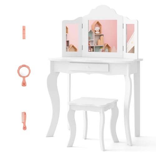 COSTWAY 2 in 1 Kinder Schminktisch mit Hocker, Frisiertisch mit 3-Fach abnehmbarem Spiegel & Schublade, Kosmetiktisch Mädchen Holz, 70x34x103cm (Weiß) von COSTWAY