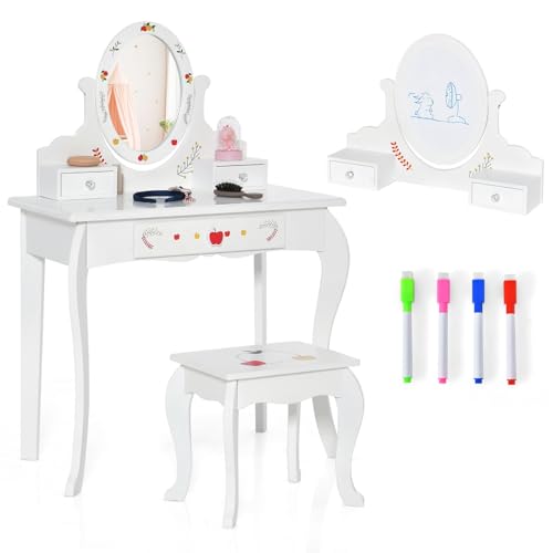 COSTWAY 2 in 1 Kinder Schminktisch mit Hocker, Frisiertisch mit 360° drehbarem & abnehmbarem Spiegel, Whiteboard, 3 Schubladen, 4 Markern, Prinzessin Kosmetiktisch für Kinder von 3-7 Jahren (Weiß) von COSTWAY