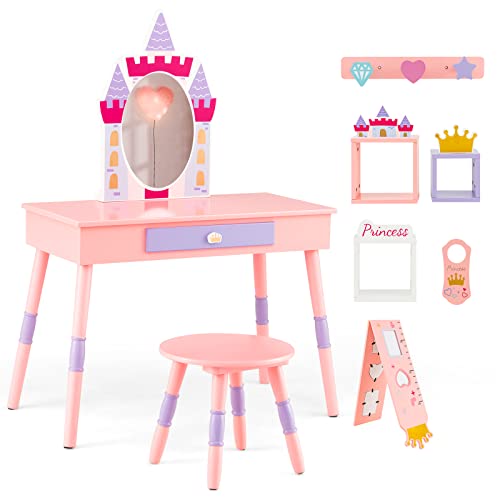 COSTWAY 2 in 1 Kinder Schminktisch mit Hocker, Schminktisch-Set aus Holz mit Schublade, abnembarem Spiegel, Wachstumslineal, 3 Haken & 3 Würfelregale, Frisiertisch für Kinder über 3 Jahre, Rosa von COSTWAY