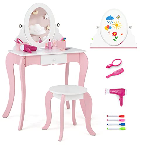 COSTWAY 2 in 1 Kinder Schminktisch & Hocker mit um 360° drehbarem & abnehmbarem Spiegel & Whiteboard, 4 Markern, Haartrockner, Kamm, Prinzessin Frisiertisch für Kleinkinder von 3-7 Jahren (Weiß) von COSTWAY