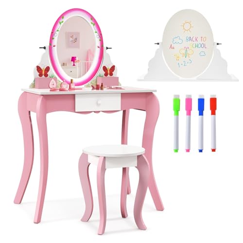 COSTWAY 2 in 1 Kinder Schminktisch & Hocker mit um 360° drehbarem Spiegel & Whiteboard, 4 Markern, Prinzessin Frisiertisch für Kleinkinder von 3-7 Jahren (Rosa) von COSTWAY