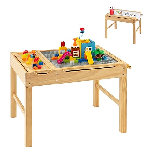 COSTWAY 2 in 1 Kindertisch mit umkehrbarer Tischplatte, Spieltisch aus Kiefernholz mit Stauraum, Seiternstange & Papierrolle, Aktivitätstisch Legotisch für Kinder ab 3 Jahre (Natur) von COSTWAY