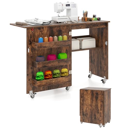 COSTWAY 2 in 1 Nähschrank & Schreibtisch klappbar, Nähtisch aus Holz mit 3 Einlegeböden für Spulen & feststellbare Rollen, Nähmaschinenschrank für Wohnzimmer, Schlafzimmer & Büro (Braun) von COSTWAY