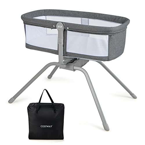 COSTWAY 2 in 1 Stubenwagen klappbar, Babywiege mit manueller Schaukelfunktion, tragbares Babybett mit Matratze & Tragetasche, Reisebett mit Stabiler Dreiecksstruktur für Neugeborene (Grau) von COSTWAY