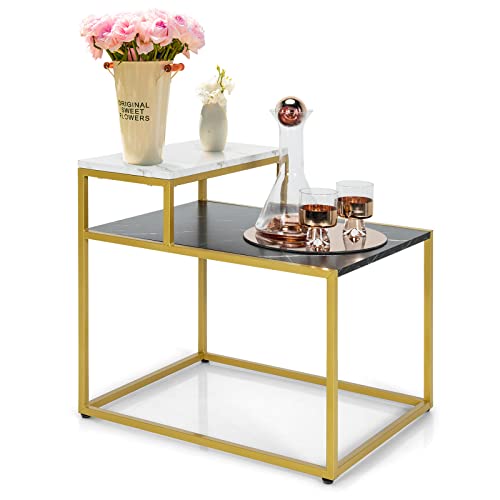 COSTWAY 2-stufiger Beistelltisch, Sofatisch mit 2 Ablagen, Nachttisch Marmormuster, Wohnzimmertisch mit goldenem Metallrahmen, Kaffeetisch mit verstellbaren Füßen, Couchtisch, 61x45,5x56cm, Gold von COSTWAY