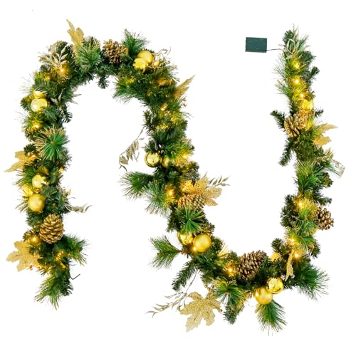 COSTWAY 270cm Weihnachtsgirlande mit Beleuchtung, 50 LEDs warmweiß, künstliche Tannengirlande mit Tannenzapfen & goldenen Kugeln, Tür Kamine Treppe Innen Außen, beleuchtete Weihnachtsdeko, Grün von COSTWAY