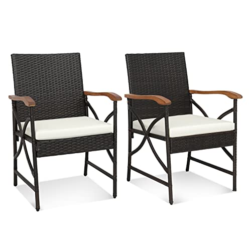 COSTWAY 2er Rattan Stühle Set, Polyrattan Gartenstuhl Holz, Gartensessehl mit Sitzkissen, Rattansessel Gartenstühle für Outdoor Terrasen Balkon Garten (X Design, 62 x 56 x 89 cm) von COSTWAY