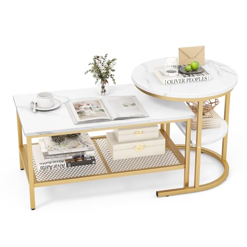 COSTWAY 2er Set Couchtisch, Beistelltisch Marmor Optik mit Metallrahmen & Ablage, Kaffeetisch Wohnzimmertisch Sofatisch für Wohnzimmer, Schlafzimmer (Weiß + Golden) von COSTWAY