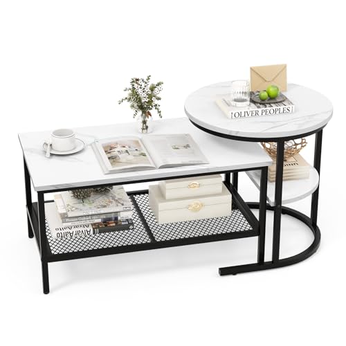 COSTWAY 2er Set Couchtisch, Beistelltisch Marmor Optik mit Metallrahmen & Ablage, Kaffeetisch Wohnzimmertisch Sofatisch für Wohnzimmer, Schlafzimmer (Weiß + Schwarz) von COSTWAY