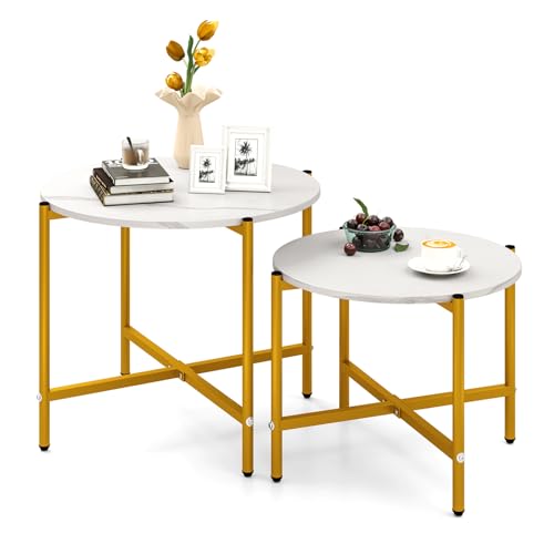 COSTWAY 2er Set Couchtisch Rund, Beistelltisch mit Marmoroptik & Metallgestell, moderner Wohnzimmertisch Kaffeetisch, Sofatisch Set, Satztisch für Wohnzimmer, Schlafzimmer, Weiß + Gold von COSTWAY