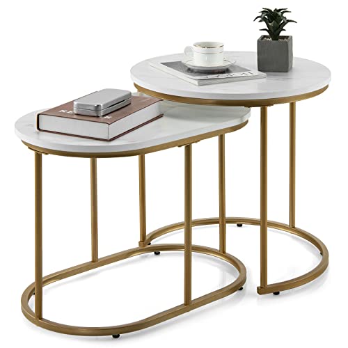 COSTWAY 2er Set Couchtisch mit Marmoroptik, Beistelltisch Holz mit goldfarbenem Metallbeinen, Kaffeetische Satz modern, rund, kompakt, für Wohnzimmer und Schlafzimmer, weiß von COSTWAY