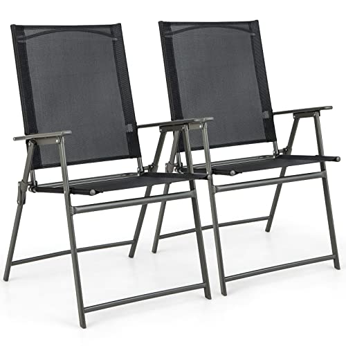 COSTWAY 2er Set Gartenstühle, Hochlehner Klappstühle mit wetterfestem Stoff, Balkonstühle mit Armlehnen, Terrassenstühle bis 150 kg belastbar, für Garten, Terrasse, Balkon (Schwarz) von COSTWAY