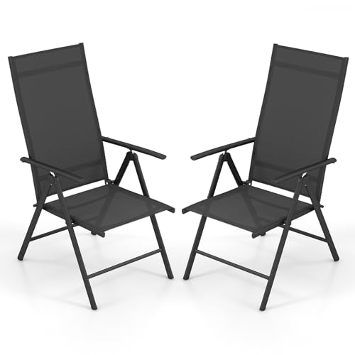 COSTWAY 2er Set Gartenstühle Hochlehner, Klappstühle mit 7-Fach Verstellbarer Rückenlehne, klappbare Balkonstühle bis 180 kg belastbar, Terrassenstühle für Garten, Terrasse, Balkon (Schwarz) von COSTWAY