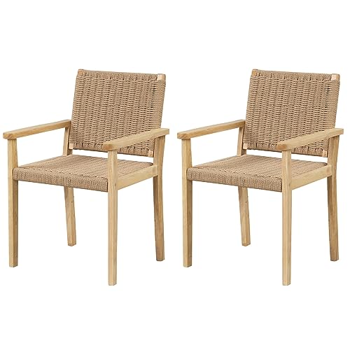 COSTWAY 2er Set Gartenstühle Holz, Esszimmerstühle mit Seilgeflecht & Rückenlehne & Armlehne, Terrassenstuhl Holzstuhl bis zu 180 kg belastbar, Balkonstuhl für Veranda Küche, 60 x 58 x 88 cm, Natur von COSTWAY