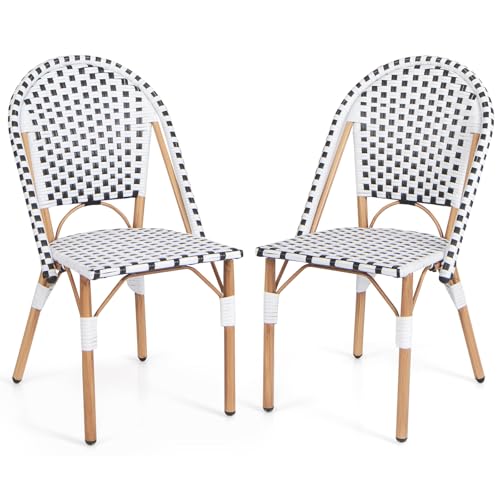 COSTWAY 2er Set Gartenstühle Rattan, Terrassenstühle ohne Armlehnen, Balkonstühle mit galvanisiertem Metallrahmen für Garten, Küche, Terrasse von COSTWAY