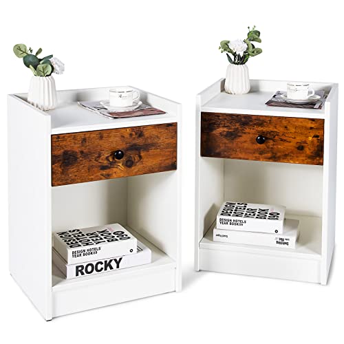 COSTWAY 2er Set Nachttisch Holz, Beistelltisch mit Schublade & offenem Fach, Sofatisch Nachtschrank Nachtkommode Boxspringbett für Wohnzimmer, Schlafzimmer, Arbeitszimmer, 43 x 40 x 60 cm (White) von COSTWAY