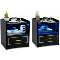 COSTWAY 2er Set Nachttisch mit LED Licht, USB-Anschluss und Typ-C-Ladestation, Nachtschrank mit Bewegungssensor, Beistelltisch mit offenem Fach und von COSTWAY