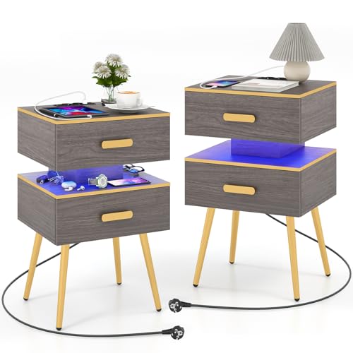 COSTWAY 2er Set Nachttisch mit Ladestation & LED-Leuchten, Nachtschrank mit 2 Schubladen, Metallbeinen, 2 USB-Anschlüssen & 2 Steckdosen, Beistelltisch für Schlafzimmer, Wohnzimmer, 44 x 38 x 72 cm von COSTWAY