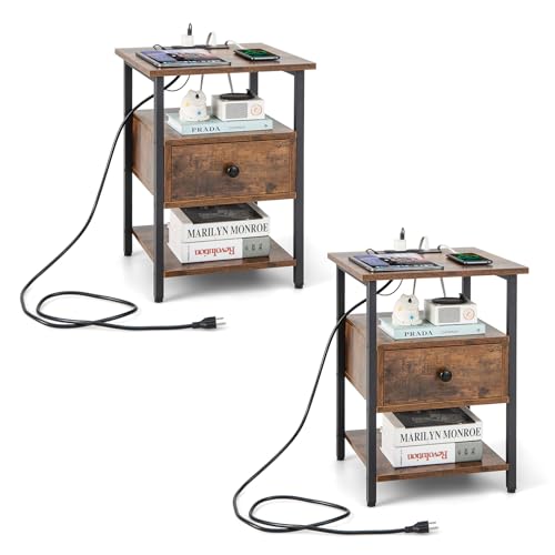COSTWAY 2er Set Nachttisch mit Ladestation & Schublade, Nachtschrank mit offenen Ablagen, Nachtkommode, Beistelltisch für Schlafzimmer, Wohnzimmer, 40 x 40 x 55 cm von COSTWAY