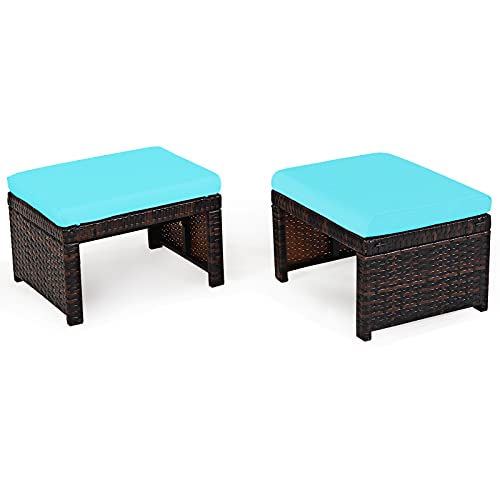 COSTWAY 2er Set Outdoor Rattan Hocker, Rattan Ottomanen, Fußhocker mit weichem Kissen, Rattentisch mit hochdichter Schaumstoff, Gartenhocker Gartentisch für Terrasse Garten Pool (Türkis) von COSTWAY