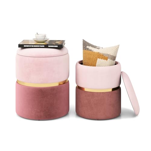COSTWAY 2er-Set Sitzhocker Samt, Ottomanen mit 32L + 21L Stauraum, Pouf Hocker, runde Couch Beistellhocker Fußhocker für Wohnzimmer & Schlafzimmer, Schminktisch (Rosa) von COSTWAY