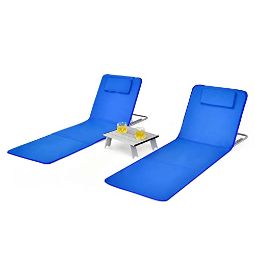 COSTWAY 2er Set Strandmatte mit Beistelltisch, Kopfkissen & Staufach, Liegematte mit Verstellbarer Rückenlehne, Sonnenmatte faltbar, leicht, tragbar, Strandliege für den Strand (Blau) von COSTWAY